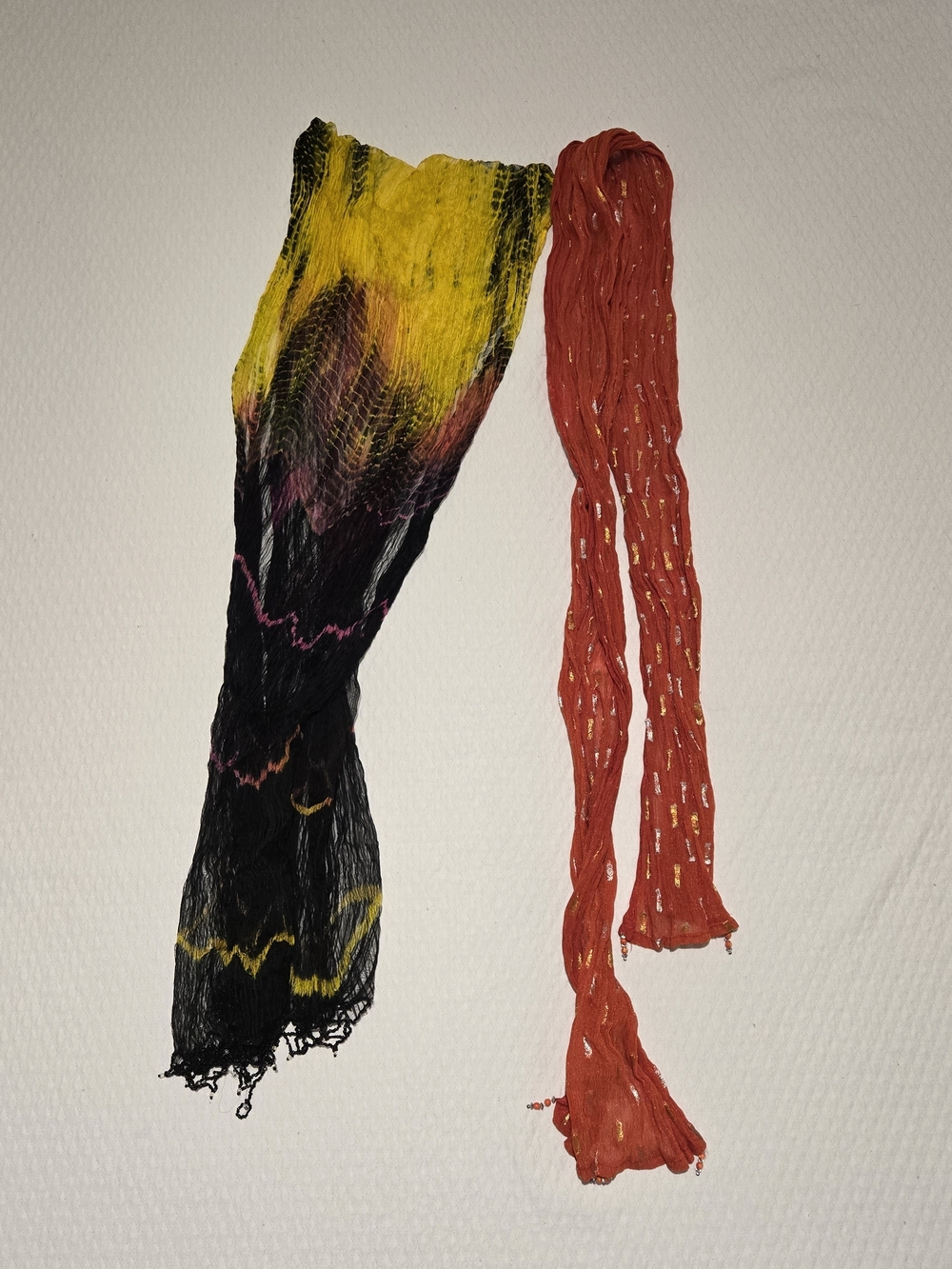 Preloved Multicolor Crinkle Scarves - Yellow Black & Coral Red